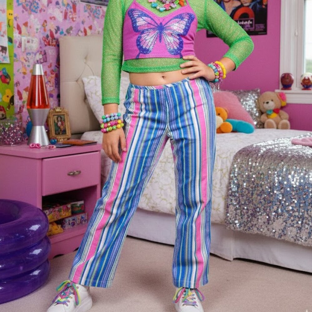 Rue21 Y2K Striped Capri Pants Girls Size 14 Pink Blue 2000s Aesthetic